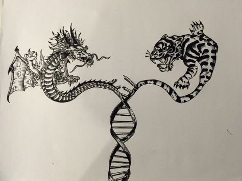 My DNA Double Helix Dragon & Tiger Tattoo Concept Dragon Tiger Tattoo, Dragon Tattoo Images, Crocodile Tattoo, Thorn Tattoo, Dna Tattoo, Molecule Tattoo, Arm Tats, Rune Tattoo, Traditional Ink