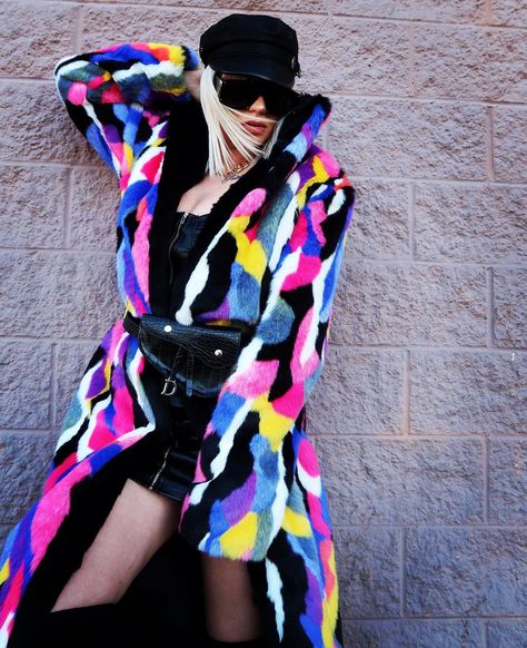 Colorful Faux Fur Coat, Gold Lingerie, Rave Babe, Festival Jacket, Cyberpunk Fashion, Fashion Sketch, Outfit Design, Maxi Dress Party, Street Chic