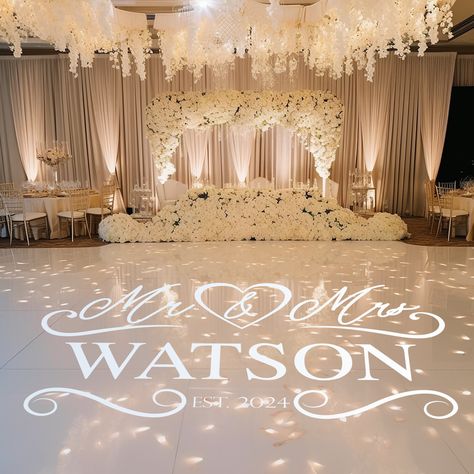 Mr and Mrs Wedding Dance Floor Decal Personalized Wedding Monogram for Dance Floor or Reception Rustic Style Decor Wedding Decorations - Etsy White And Gold Venue Decorations, Wedding Fancy Decoration, Wedding Ideas Inside Receptions, Wedding Gold Decorations, Dance Floor Wedding Decor, Wedding Revenues, Wedding Venues Indoor Receptions, Wedding Ideas Reception Decoration, Wedding Set Up Reception