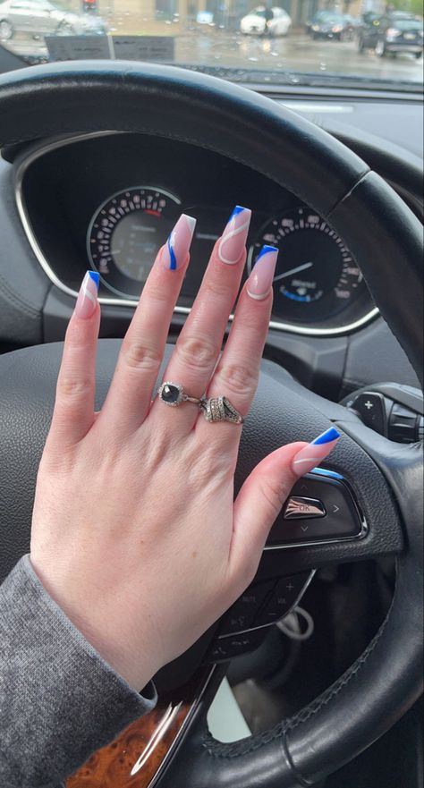 Acrylic Nail Designs For Summer Blue, Blue Black And White Nails Acrylic, Blue And White Graduation Nails, Holiday Nails Summer Blue, Blue Nails For Graduation, White Holiday Nails Summer, Summer Nails Ballerina Shape, Summer Bday Nails, Nails June 2024