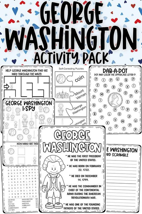 Free printable George Washington activity pack with coloring page, word search, word scramble, and more. George Washington Homeschool, George Washington Kindergarten Activities, George Washington Worksheets Free, George Washington Coloring Pages, George Washington Kindergarten, George Washington Crafts For Kids, George Washington Activities For Kids, George Washington Fanart, George Washington Printable