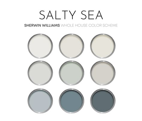 This listing is for a Sea Salt paint palette, created with Sherwin Williams paint colors and featuring the popular coastal color, Sea Salt I have carefully selected a range of 9 colors for this palette, and included options for walls, trim, furniture, cabinets and doors.  Sherwin Williams has hundreds of paint colors, each with their own unique undertones. This can make choosing the right paint colors hard. The colors in this collection were carefully selected to coordinate with each other - thi Sherwin Williams Basement Paint Colors, Seaglass Paint Colors, Paint Colors Beach House, Coastal Interior Paint Colors, Sw Sea Salt, House Paint Palette, Sea Salt Paint, Interior Design Color Palette, Salt Paint