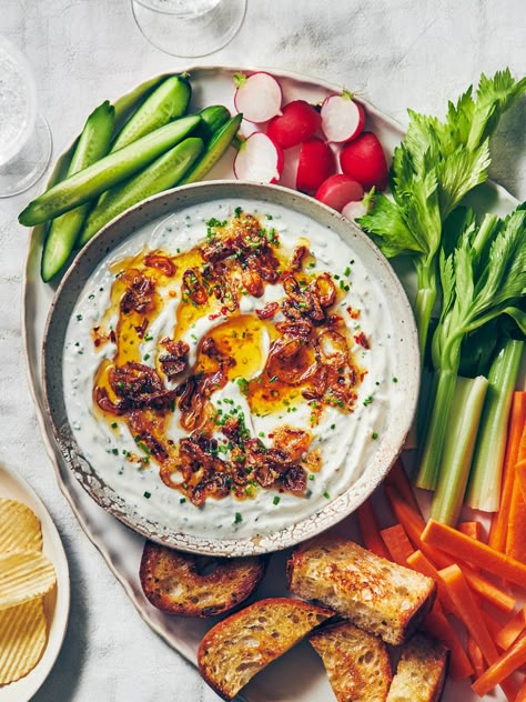 Greek Yogurt Onion Dip with Crispy Shallots - Evergreen Kitchen March Madness Food Ideas, March Madness Food, Vegetarian Snack, Greek Yogurt Dips, Tzatziki Recipes, Crispy Shallots, Chilli Recipes, Healthy Dips, Yogurt Dip