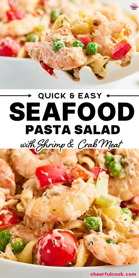 Collage of two closeup images of a Seafood Pasta Salad. Pasta Seafood Salad Recipes, Shrimp And Crab Pasta Salad Cold, Creamy Seafood Pasta Salad, Chicken And Shrimp Pasta Salad, Shrimp Pasta Cold, Sea Food Pasta Salad, Prawn Pasta Salad Cold, Pasta Shrimp Salad Recipes, Crab Meat Pasta Salad