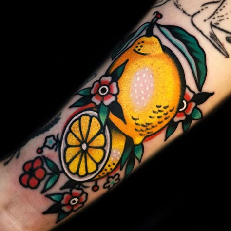 @joshbovendertattoo on Instagram: “Lemons tattooed for @moodybluesuburbansky, thank you for getting tattooed again Eliza!!! 🍋🍋🍋 #greenvilletattoo #greenvilletattoos…” Traditional Lemon Tattoo, Lemons Tattoo, Tiny Traditional Tattoo, Cool Traditional Tattoos, Lemon Tattoo, Getting Tattooed, Traditional Tattoo Inspiration, Food Tattoos, Tattoos Skull