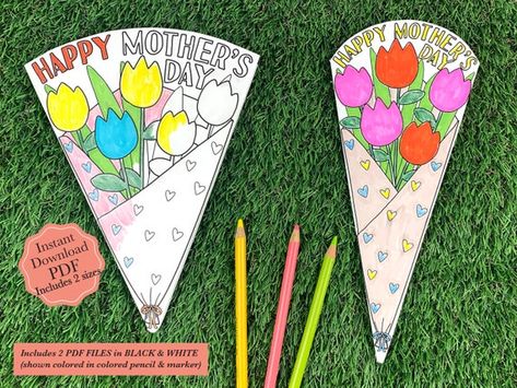 This printable “HAPPY MOTHERS DAY Tulip Flower Bouquet Coloring Card is a fun easy gift for the special person you want to honor on this special day! Note that cards are in black and white for coloring. Simply download, color, cut and fold. Fun project for adults and kids. Inside is blank to add Mothers Day Card Printable, Mothers Day Coloring Cards, Grandparents Day Cards, Grandparents Day Crafts, Happy Grandparents Day, Mother's Day Bouquet, Appreciation Printable, Teacher Thank You Cards, Projects For Adults