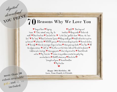 Reasons Why I Love You, Why I Love You, 80th Birthday Gifts, 70th Birthday Gifts, Personalized Gifts For Mom, Diy Printable, 80th Birthday, Red Hearts, 70th Birthday