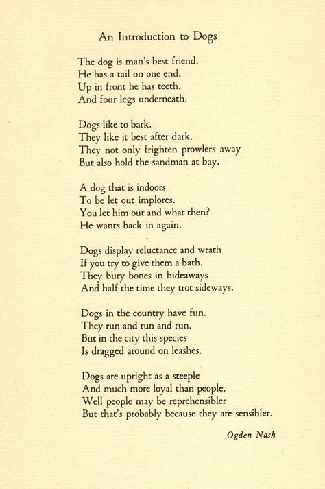 "VINTAGE DOG POETRY PRINT \"An Introduction To Dogs,\" by Ogden Nash Lovely vintage dog poem print which came from a 1946 book.  The full page measures approximately 9 by 5.5 inches.  It is in good condition - note stain on the top edge and the reverse side is blank.  MORE DOG POEM PRINTS: https://etsy.me/3qTiZyn PRINT AND MAP COLLECTIONS IN MY SHOP: DOG ART PRINTS:  https://etsy.me/3hy3pmJ HORSE ART PRINTS: https://etsy.me/3lxlVO9 CAT ART PRINTS: https://etsy.me/2DiVhqR BIRD PRINTS:  http://ets Dog Poems Happy, The Dog Hair Poem, Dog Motif Poetry, Just A Dog Poem, Poem About Dogs Passing, Dog Heaven Quotes, Dog Poetry, Miniature Map, Paw Wallpaper