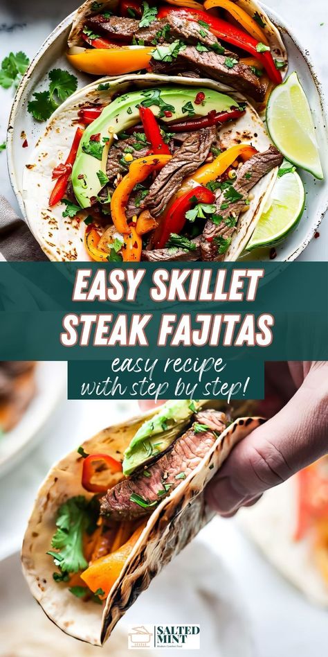 Savor juicy steak fajitas with a flavorful marinade, made easily in a skillet for any weeknight meal. Steak Fajitas Skillet, Fajitas Steak, Beef Fajitas, Home Meals, Summer Meals, Fresh Avocado, Steak Fajitas, Grilled Beef, Juicy Steak