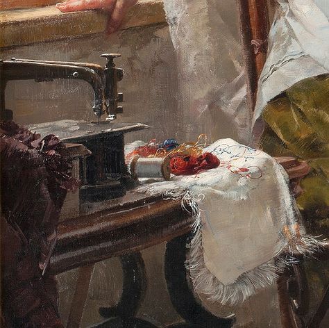 "Consolation in Sorrow" (Trost in Leid), aka. "The Little Seamstress", by Paul Hermann Wagner (German, 1852 - 1937) Paul Wagner, Sewing Artwork, Oil Painting Frames, Classic Artwork, Cottage Art, Vintage Sewing Machines, German Art, Classic Paintings, Flash Art