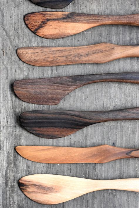 Butter Knife & Spreader Walnut Pear Cherry Wood Unique | Etsy Unique Wood Carving, Wooden Workshops, Wood Cutlery, Wooden Cooking Utensils, Wood Spoon Carving, Spoon Crafts, Handcrafted Knife, Green Woodworking, Wood Utensils