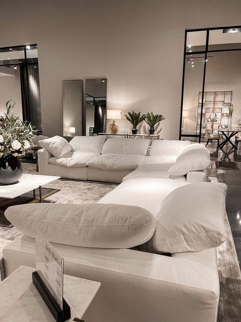 Chic White Apartment, Nice Modern Bedrooms, Comfy Cloud Couch, Rh Sofa In Living Room, Living Room With Cloud Couch, White Plush Couch, Cloud Sofa Living Room Design, Comfy Modern Home, White Cloud Sofa