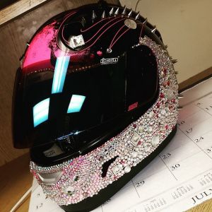 Women Helmets Motorcycle, Bedazzled Motorcycle Helmet, Classic Cars Wallpaper, Pink Motorcycle Helmet, Badass Motorcycle Helmets, Custom Bike Helmets, Badass Motorcycle, Custom Helmet Paint, Ducati Monster Custom