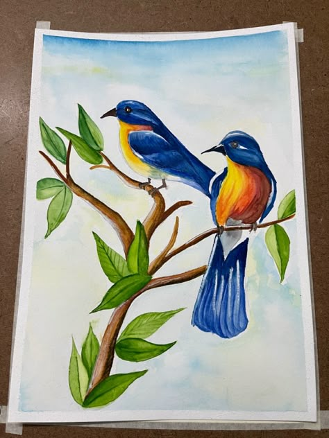 Bird Composition Drawing, Nature Composition Drawing, Water Colour Sketches Drawings, Bird Composition Paintings, Burung Kakatua, Bird Paintings On Canvas, Sunset Canvas Painting, Scenery Drawing, Poster Color