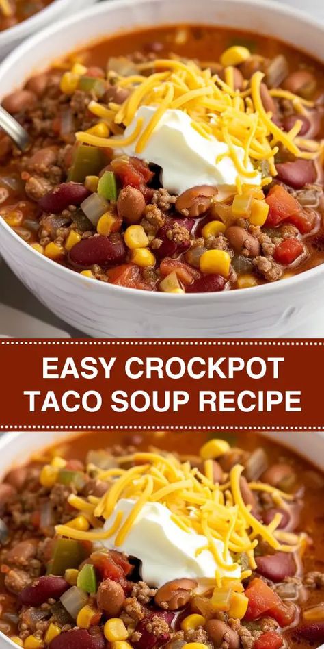 Looking for an easy, delicious dinner idea? Try this Crockpot Taco Soup! Made with ground beef, beans, corn, and tomatoes, it's packed with flavor and perfect for busy weeknights. Just add taco seasoning and ranch mix for a hearty, comforting meal. Simply set it in your slow cooker and let it simmer to perfection. Ideal for meal prep, family dinners, and cozy nights in. Easy Crockpot Taco Soup Ground Beef, Ground Beef Taco Soup Crock Pots, Crockpot Ground Beef Recipes Easy, Taco Crockpot Recipes, Meal Prep Family Dinners, Crockpot Meals With Ground Beef, 7 Can Taco Soup Recipe, Crockpot Recipes With Ground Beef, Easy Crockpot Taco Soup