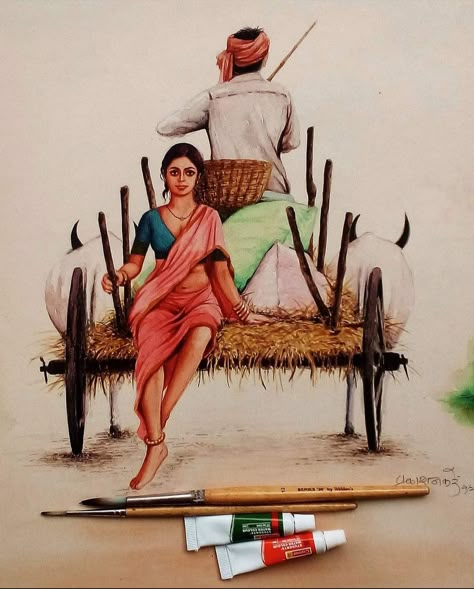 Indian Art Gallery Paintings, Indian Art Paintings Traditional, Daily Life Drawing, Boho Art Drawings, Nature Art Drawings, Scene Drawing, Indian Art Gallery, Art Painting Tools, Art Village