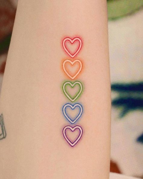 Rainbow neon heart tattoo located on the inner forearm. Rainbow Heart Tattoo, Hearts Tattoo, Neon Heart, Inner Forearm, Rainbow Hearts, Little Tattoos, Rainbow Heart, Love Tattoos, Heart Tattoo