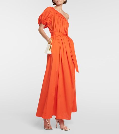 One-shoulder cotton-blend maxi dress in orange - Diane Von Furstenberg | Mytheresa Wedding Guest Clothes, Nice Dinner Outfits, Outfits For Women Over 50, Dress Pants Outfits, Spring 23, Pants Outfits, Satin Midi Skirt, Dinner Outfits, Women Over 50