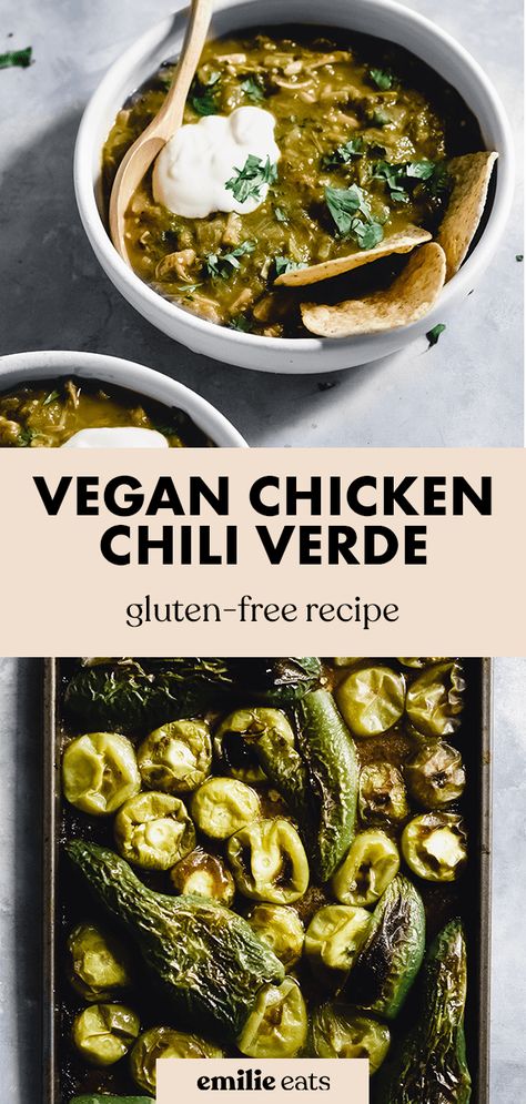 Get cozy with a bowl of this Vegan Chicken Chili Verde! It's made with roasted tomatillos, poblanos, and jalapenos, plus shredded jackfruit to substitute shredded chicken. A little spicy and very flavorful! Chicken Chili Verde, Chili Verde, Vegan Chicken, Vegan Sour Cream, Easy Vegan Dinner, Vegan Chili, Vegan Soup Recipes, Stuffed Poblano Peppers, Vegan Soup