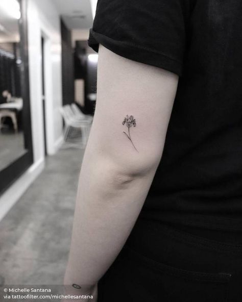 Single needle iris flower on the tricep. Black Iris Tattoo, Simple Iris Tattoo, Iris Flower Tattoo, Flowers Iris, Iris Tattoo, Single Needle Tattoo, Explore Tattoo, White Iris, Flower Business