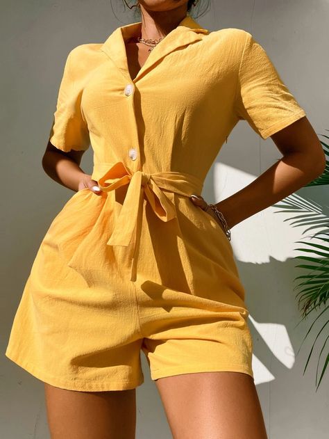 Cami Jumpsuit, Belted Romper, Plain Shirt, Plain Shirts, Yellow Fashion, Vertical Stripes, Lapel Collar, Rompers Women, Jumpsuits For Women