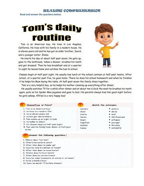 Daily Routine Examples, Daily Routine Worksheet, Daily Routine Schedule, English Grammar For Kids, Simple Present Tense, Grammar For Kids, English Worksheets For Kids, Comprehension Worksheets, English As A Second Language (esl)