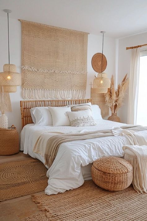 Boho Bedroom White Furniture, Boho Modern Bedroom Ideas, Bedroom Ideas For Small Bedrooms, Boho Room Ideas Bedroom, Boho Bedroom Neutral, Bali Style Bedroom, White Boho Bedroom, Macrame Bedroom Decor, Cute Dorm Ideas