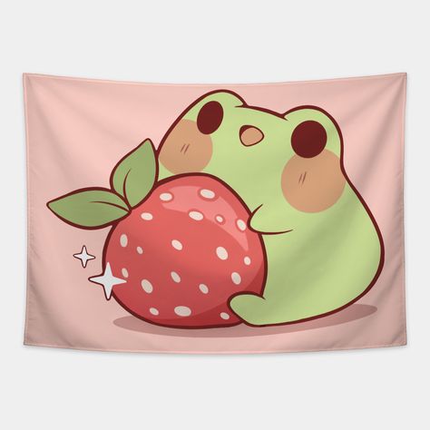 Frog With Strawberry -- Choose from our vast selection of tapestries to match with your desired size to make the perfect custom tapestry. Pick your favorite: Movies, TV Shows, Art, and so much more! Available in small, medium, large. Perfect for decorations in apartments, bedrooms, and dorm rooms. Frog Bedroom Ideas, Frog Room Ideas, Frog With Strawberry, Frog Bedroom, Frog Things, Frog Wall Decor, London Room, Frog Stuff, Puppet Ideas