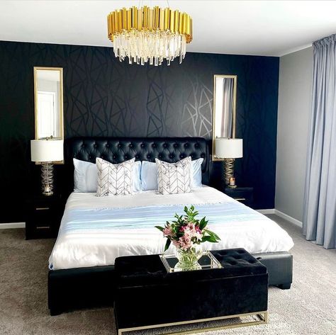 Pooja (@hautehousedecor) posted on Instagram: “Loving these outside the box bedrooms! That black wallpaper 🙌 1 @anya_gc_elegancy 2 @mrsjoyclary #bedroomdecor #livingroomdecor…” • Aug 30, 2021 at 6:09pm UTC Master Bedrooms Decor Unique, Black Wallpaper Bedroom, Black White And Gold Bedroom, Black Accent Wall, Black Walls Bedroom, Black And White Bedroom, Black Accent Walls, Beautiful Bedrooms Master, Luxury Room Bedroom