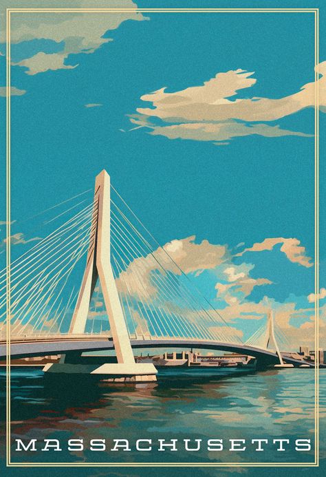 Massachusetts Poster, Boston Aesthetic, Bridge Art, Boston Massachusetts, Iconic Landmarks, Vintage Travel Posters, Art Lovers, America Travel, Tag Art