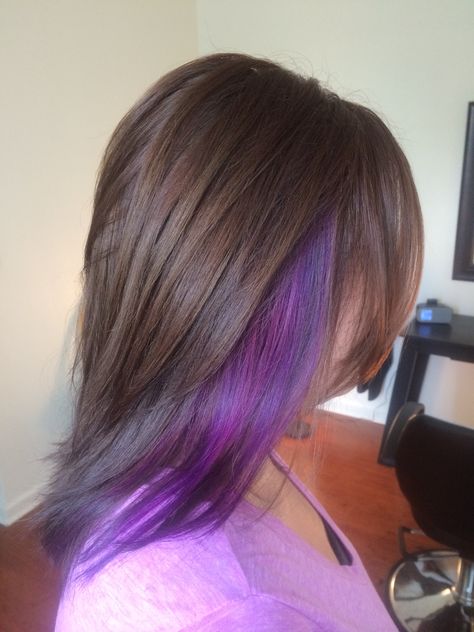 Purple, hair, hot pink, brunette, brown, chunk, chunky highlight, highlight, long hair, medium hair, brown hair Purple Chunks In Hair, Purple Hair Chunky Highlights, Brown Hair With Purple Streaks, Purple Chunky Highlights, Brown And Purple Hair, Chunky Highlight, Purple Peekaboo Hair, Purple Hair Streaks, Pink Brunette