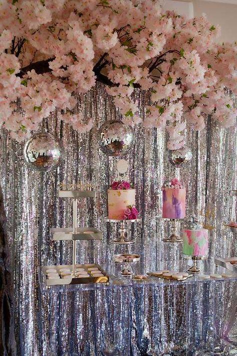 Floral Disco Party | CatchMyParty.com Party Ideas Disco, Disco Birthday Party Ideas, Floral Party Theme, 70s Party Theme, 70s Disco Party, Disco Birthday, Disco Birthday Party, Disco Party Decorations, Milestone Birthday Party