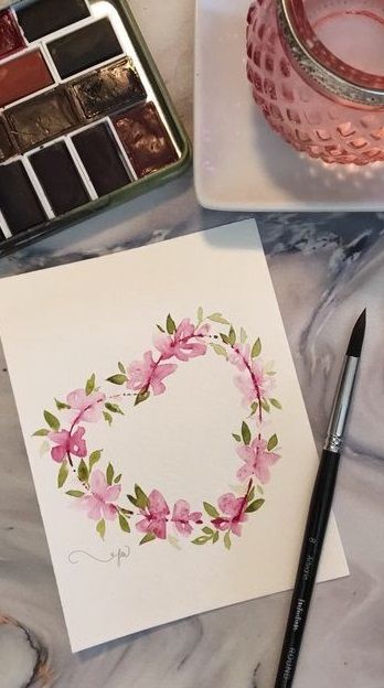 Watercolor Heart Wreath, Easy Valentine Watercolor, Watercolor Art Heart, Watercolor Hearts Painting, Floral Cards Watercolor, Valentine Watercolor Ideas, Watercolor Valentines Art, Watercolor Valentine Cards Diy, Valentine’s Day Paintings