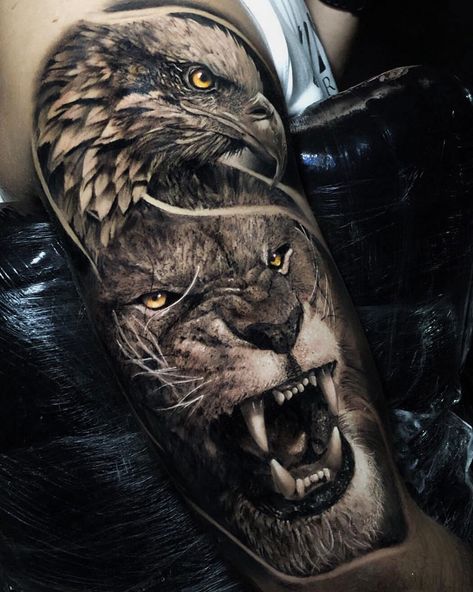 10+ Best Lion and Eagle Tattoo Designs Eagle And Lion Tattoo, Lion Arm Tattoo, Tato 3d, Bald Eagle Tattoos, Lion Forearm Tattoos, Tiger Tattoo Sleeve, Animal Sleeve Tattoo, Lion Tattoo Sleeves, Wolf Tattoo Sleeve