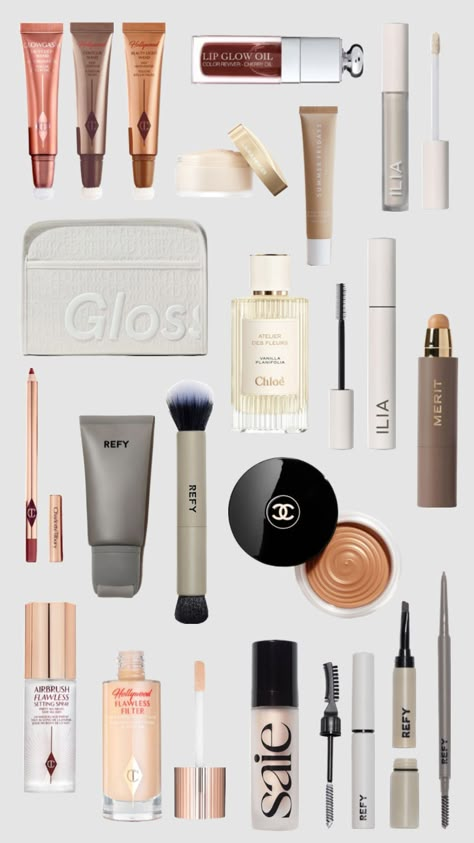 #oldmoney #makeup #charlottetilbury #flawlessfilter #beauty #makeupbag #glossier #ilia #summerfridays #chloe #saie #lauramercier Contour Bronzer, Blush Lipstick, Makeup Bag Essentials, Makeup Needs, Makeup To Buy, Makeup Obsession, Luxury Makeup, Makeup Items, Makati