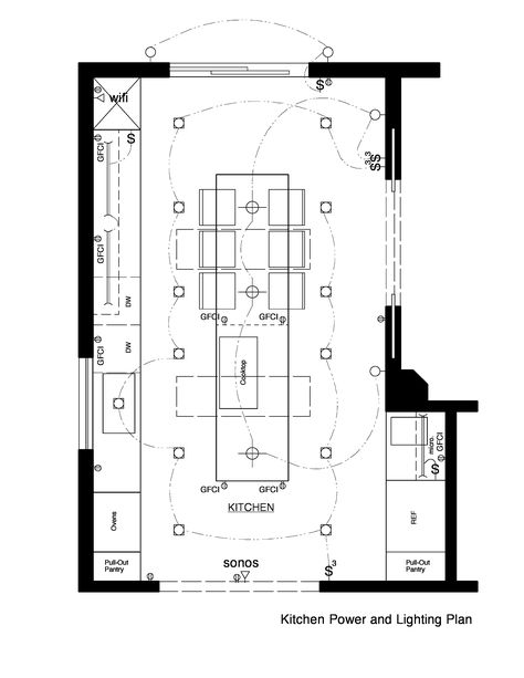 by   |   |              Create a grid  The best way to set up a lighting fixture layout for a room in your home is based on the ceiling space Kitchen Lighting Layout, Residential Lighting Design, Recessed Lighting Layout, Plan Garage, Kitchen Floor Plan, Kitchen Lighting Design, Lighting Layout, Ceiling Plan, Kitchen Floor Plans