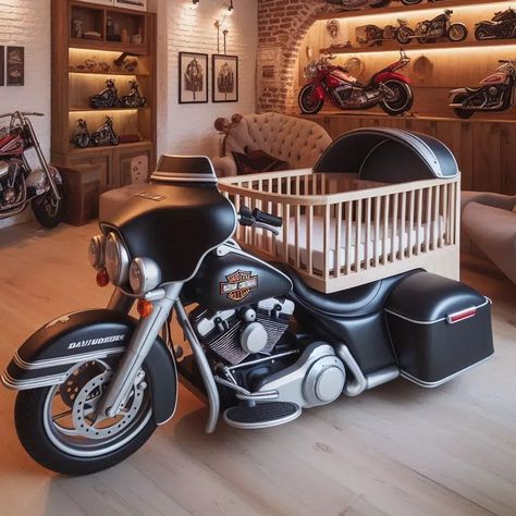 Harley Davidson Shaped Baby Crib 🏍️👶🛏️ Too Good to Be True! Motorcycle Nursery, Harley Davidson Kids, Harley Davidson Decor, Nursery Layout, Motorcycle Baby, Harley Davidson Baby, Concept Cars Vintage, Coordinates Decor, Whimsical Nursery