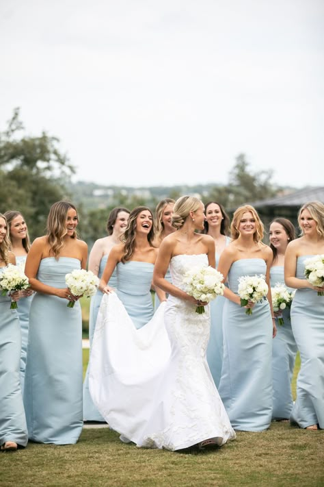 Sky Blue Bridal Party, Timeless Wedding Party, Powder Blue Bridesmaid Dresses, Pink And Blue Bridesmaid Dresses, Light Blue And Navy Wedding, Blue White And Green Wedding, Blue And White Bridesmaids, Coastal Theme Wedding, Coastal Cowgirl Wedding