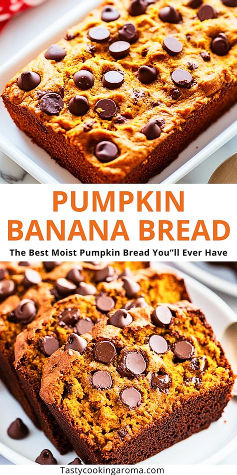 You’ll Love This Pumpkin Banana Bread Recipe: Perfectly Spiced and Super Easy! - Tasty Cooking Aroma Pumpkin Chocolate Chip Banana Bread, Banana Pumpkin Chocolate Chip Bread, Pumpkin Banana Bread Recipe, Pumpkin Chip, Pumpkin Banana Bread, Vegan Pumpkin Recipes, Moist Pumpkin Bread, Fall Baking Recipes, Pumpkin Chocolate Chip Bread