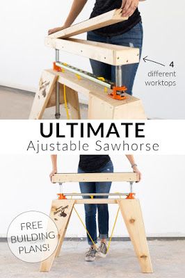 How to convert a simple sawhorse into the ULTIMATE adjustable height, interchangeable workstation using FREE building plans. Adjustable Sawhorse, Sawhorse Plans, Saw Horse Diy, Folding Sawhorse, Saw Horse, Free Building Plans, Diy Projects Plans, Workbench Plans, Wood Shop Projects