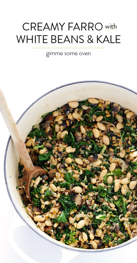 Creamy Farro, White Beans And Kale, Beans And Kale, White Bean And Kale, Farro Recipes, Gimme Some Oven, Kale Recipes, White Bean, Mediterranean Diet Recipes