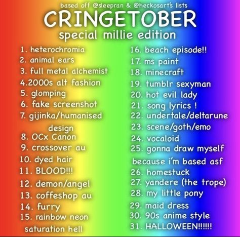 Cringetober 2023 List, Cringetober List, Oc Tober Prompts, October Art Challenge, Scene Art Style Tutorial, What Do You See Draw It Challenge Pixel, Art Tober, October Drawing Challenge, Oc Tober