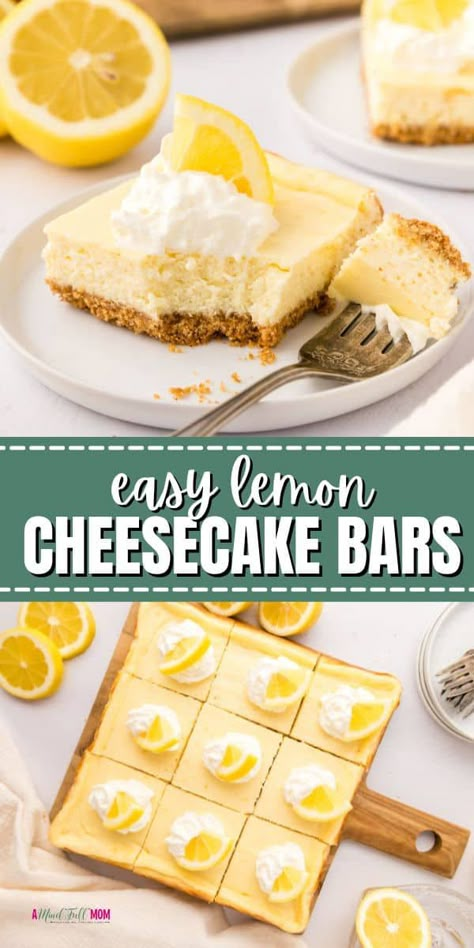 Made with fresh lemons, cream cheese, sour cream, and a graham cracker crust, these sweet and tangy lemon cheesecake bars are the perfect treat for anyone who loves lemon and cheesecake! Cream Cheese Brownie, Easy Lemon Cheesecake, Free Aran Knitting Patterns, Lemon Cream Cheese Bars, Chocolate Oatmeal Bars, Ice Cream Cupcake, Cheesecake Bar, Cheese Bars, Spring Recipes Dessert