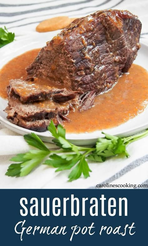 Sauerbraten German Pot Recipe! German Meals Traditional, German Roast, German Pot Roast, German Sauerbraten Recipe, Saurbraten Recipe, Sauerbraten Recipe, German Meat, Easy German Recipes, German Food Authentic