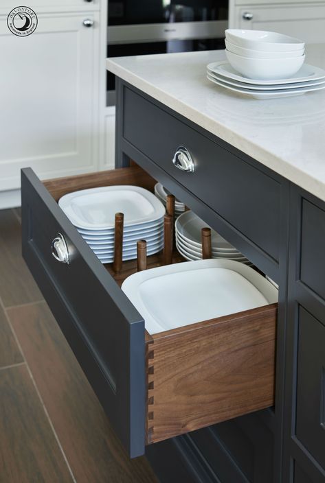 The kitchen island features a bank of drawers, including this deep drawer with peg board for crockery storage. Gaby knew from her previous Davonport kitchen the value of having enough storage, so it was at the core of this project. Kitchen Island Features, Huge Kitchen Island, Kitchen Island With Drawers, Crockery Storage, Blue Shaker Kitchen, Island Drawers, Diy Storage Rack, Bespoke Kitchen Design, New Kitchen Designs