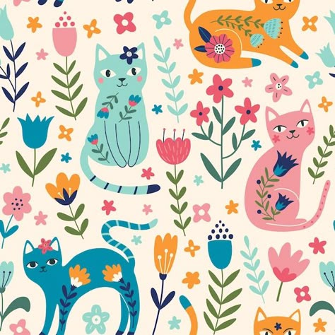 Flowers And Cats, Cats And Flowers, Surface Patterns, Flowers Cute, Wood Painting Art, Cat Flowers, Scandinavian Folk Art, Cats Illustration, Cute Flower