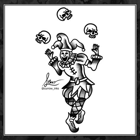 American Traditional Jester Tattoo, Jester Tattoo Traditional, Jester Tattoo Design, Harlequin Tattoo, Clown Flash, Old Traditional Tattoo, Jester Tattoo, Traditional Tattoo Flash Sheets, Traditional Tattoo Drawings