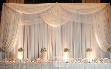 Luxury Wedding Backdrops and Draping Toronto Head Table Wedding Backdrop, Western Wedding Decorations, Head Table Backdrop, Wedding Drapery, Draping Ideas, Wedding Draping, Wedding Setup, Head Table Wedding, Wedding Reception Backdrop