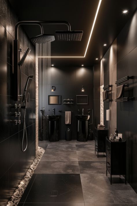 Luxurious modern bathroom with black fixtures, dual sinks, and a rainfall showerhead. Black Washroom Ideas, Dark Theme Bathroom, Room Tattoos, All Black Bathroom, Black Bathroom Ideas, Black Marble Bathroom, Modern Black Bathroom, Compact Kitchen Design, Modern Bedroom Colors