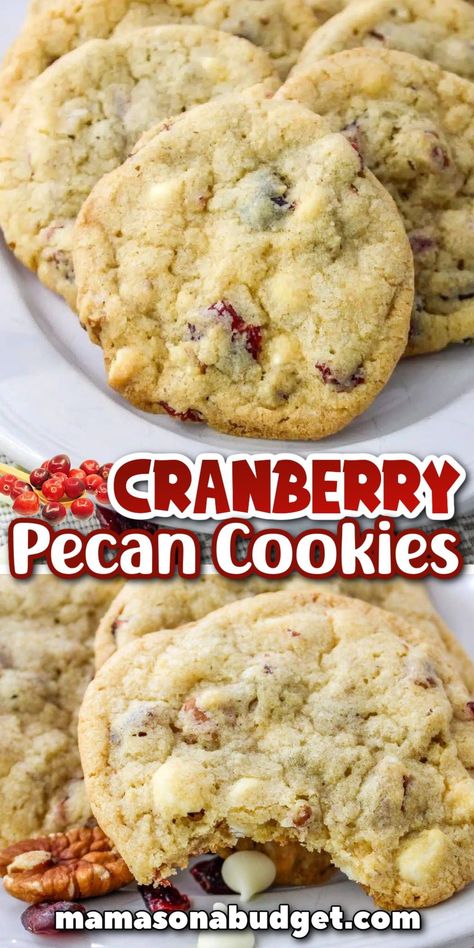 These Cranberry Pecan Cookies are chewy, delicious and full of crunchy pecans, white chocolate chips, and dried cranberries. You can't go wrong with this easy recipe. Pecan White Chocolate Chip Cookies, Cranberry Pecan Cookies Recipe, Cookies With Cranberries And Pecans, Dried Cranberry Cookies Recipes, White Chocolate Cranberry Cookies Recipe, Recipes With Whole Cranberries, Cookies With Dried Cranberries, Pumpkin Cranberry Cookies, Cranraisin Recipes